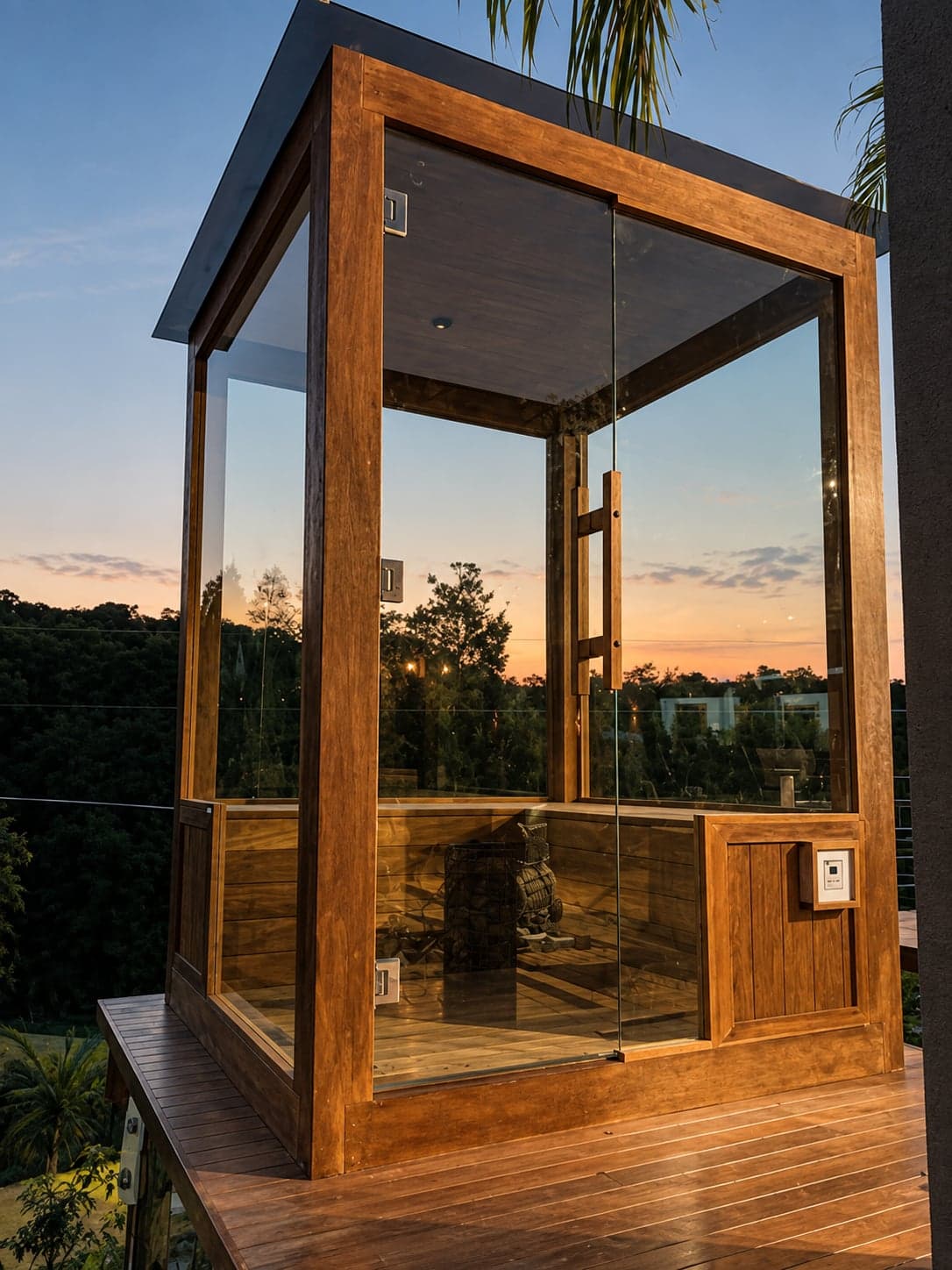 Sauna Dolphin em madeira e vidro ao entardecer