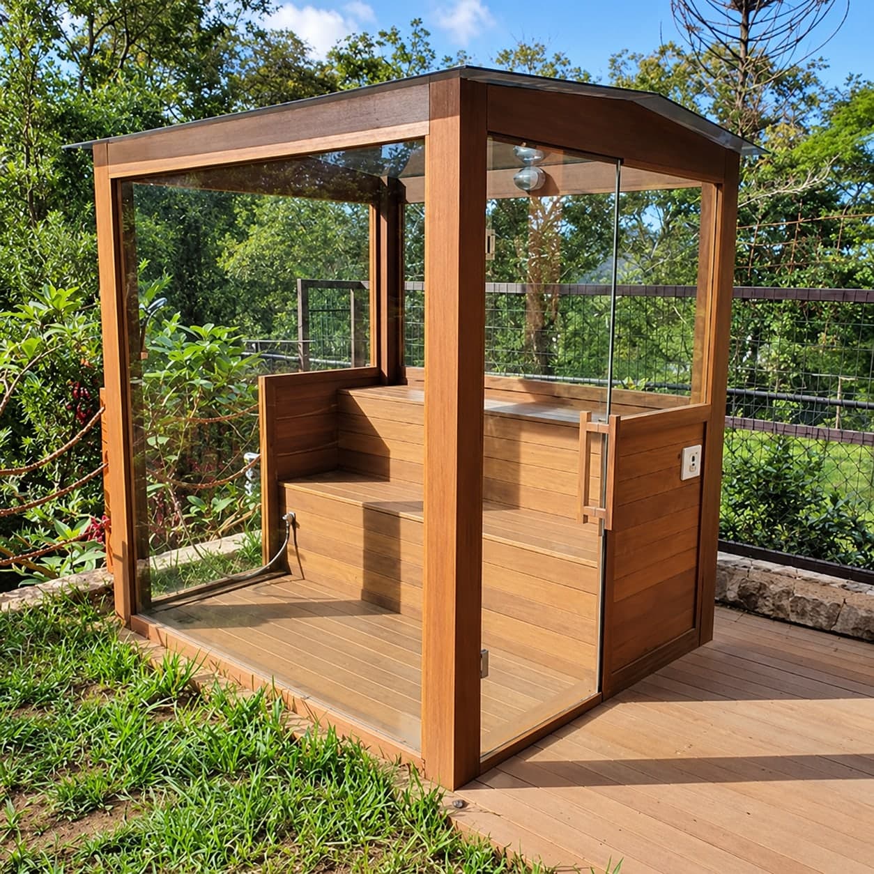 Sauna Dolphin em madeira e vidro instalada em área verde